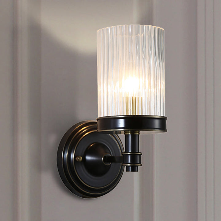 Cylinder Wall Lamp Vintage Stylish Clear Ribbed Glass 1 Bulb Black/Gold Finish Wall Sconce Fixture for Living Room | Kalsten