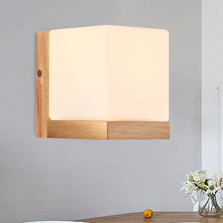 Hotel Restaurant Cube Wall Lamp Opal Glass Wood 1 Light Japanese Style White Wall Lamp | Kalsten