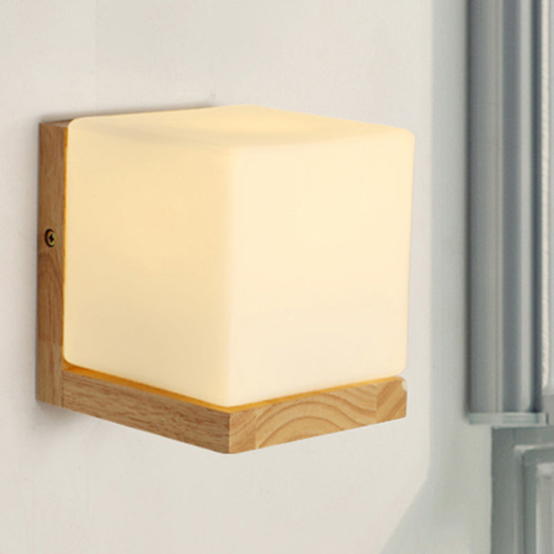 Hotel Restaurant Cube Wall Lamp Opal Glass Wood 1 Light Japanese Style White Wall Lamp | Kalsten
