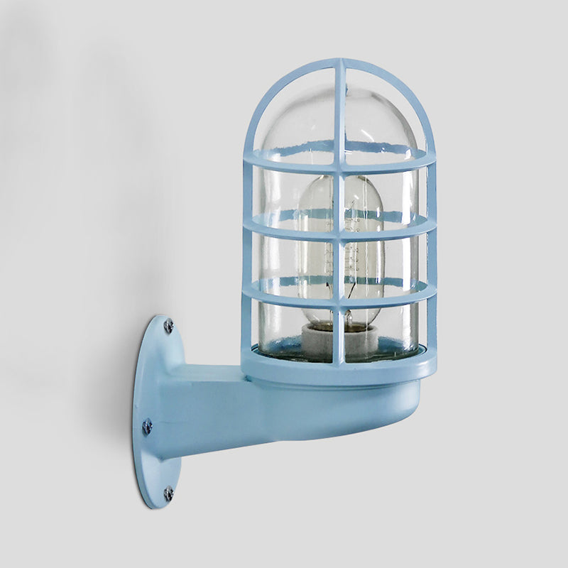 BowLift | Cylinder Clear Glass Wall Mounted Lamp Industrial Single Bulb Living Room Wall Light in Pink/Blue/Green with Cage