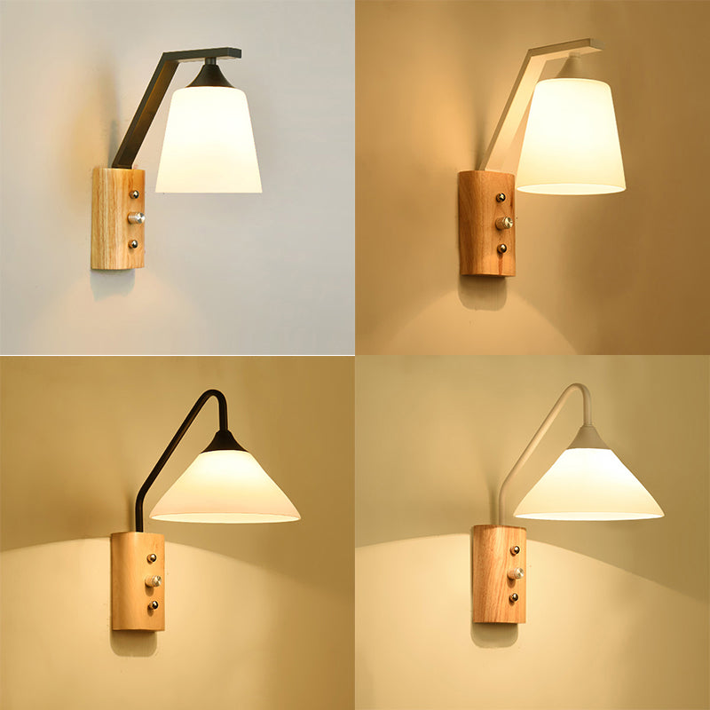 White Glass Wall Lighting Wooden Down Lighting for Study Room Bedroom | Kalsten
