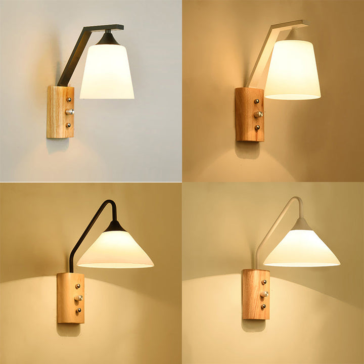 White Glass Wall Lighting Wooden Down Lighting for Study Room Bedroom | Kalsten