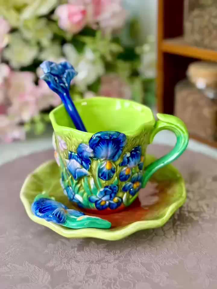 ArtSip Ceramic Cup & Saucer Set – Hand-painted 3D Design inspired by Van Gogh | Kalsten