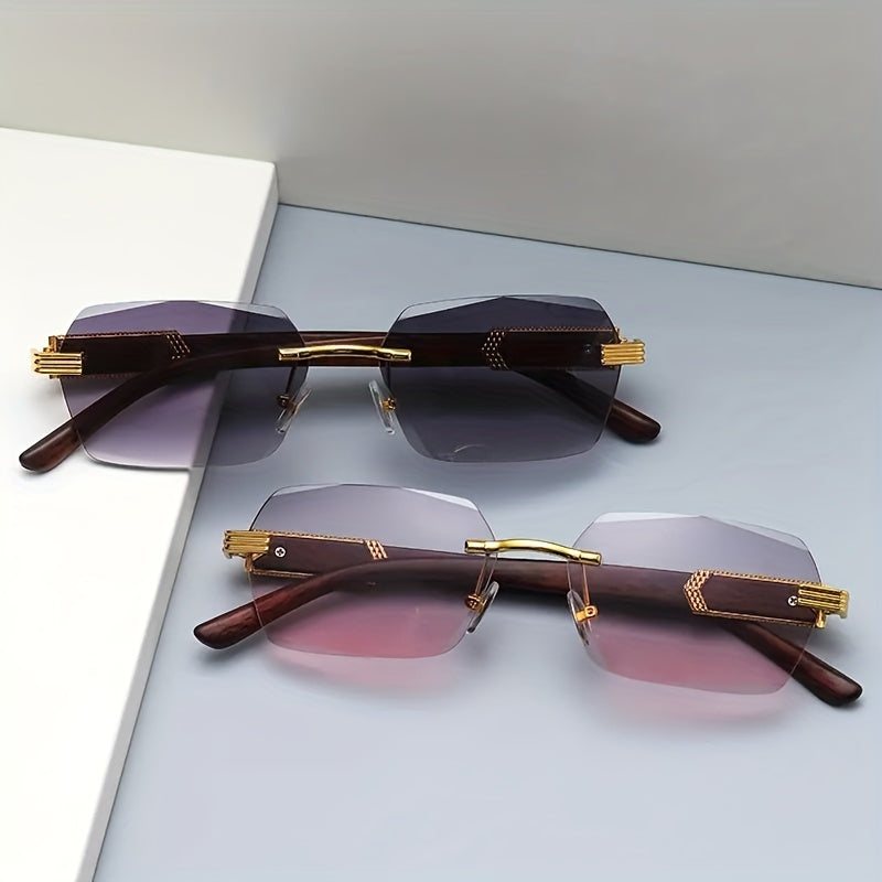 Rimless Sunglasses with Rectangular Lenses and Faux Wood Temples – Verro | Kalsten