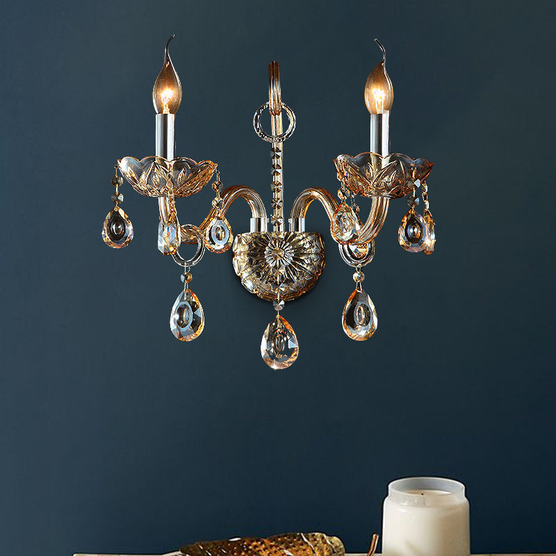 BowLift | Amber Glass Candle Holder Light Modernism 1/2 Heads Bedroom Wall Light Lamp with Crystal Drop Accent