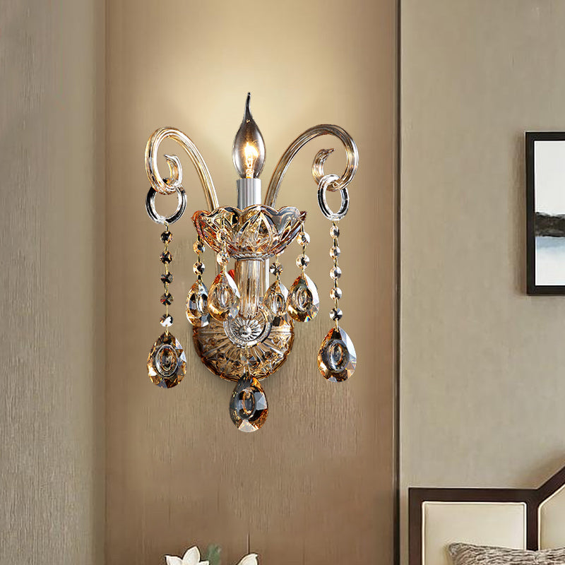 BowLift | Amber Glass Candle Holder Light Modernism 1/2 Heads Bedroom Wall Light Lamp with Crystal Drop Accent