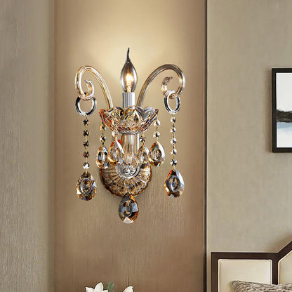 BowLift | Amber Glass Candle Holder Light Modernism 1/2 Heads Bedroom Wall Light Lamp with Crystal Drop Accent