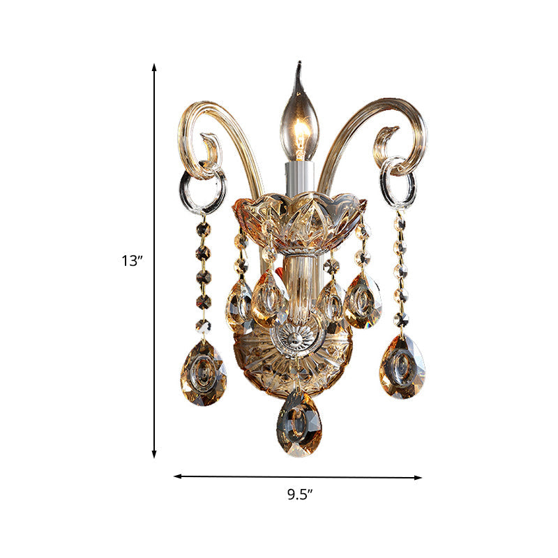 BowLift | Amber Glass Candle Holder Light Modernism 1/2 Heads Bedroom Wall Light Lamp with Crystal Drop Accent