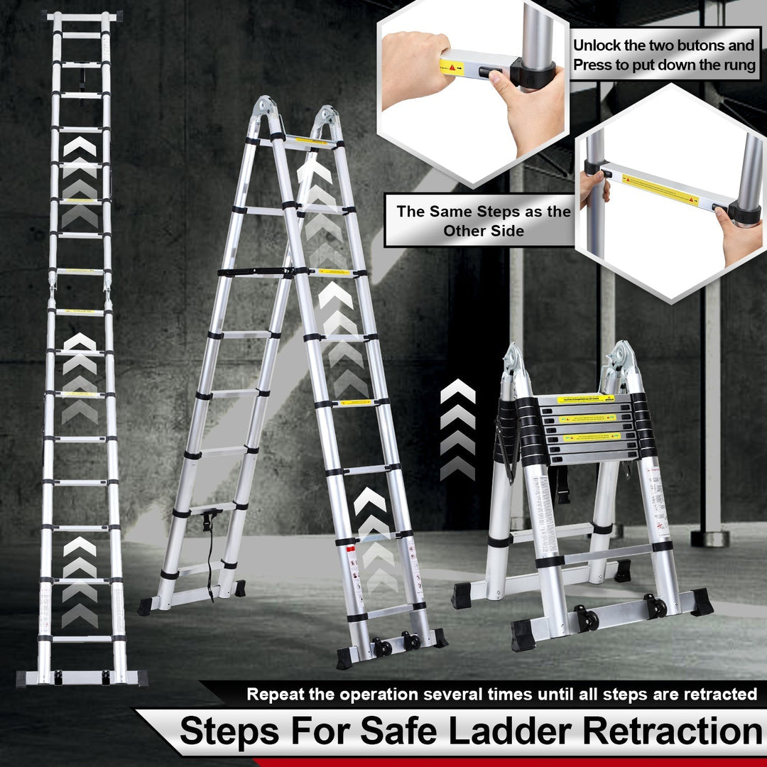 5M Aluminum Telescopic Ladder Folding Ladder with Wheels and Triangle Stabilizer | Kalsten