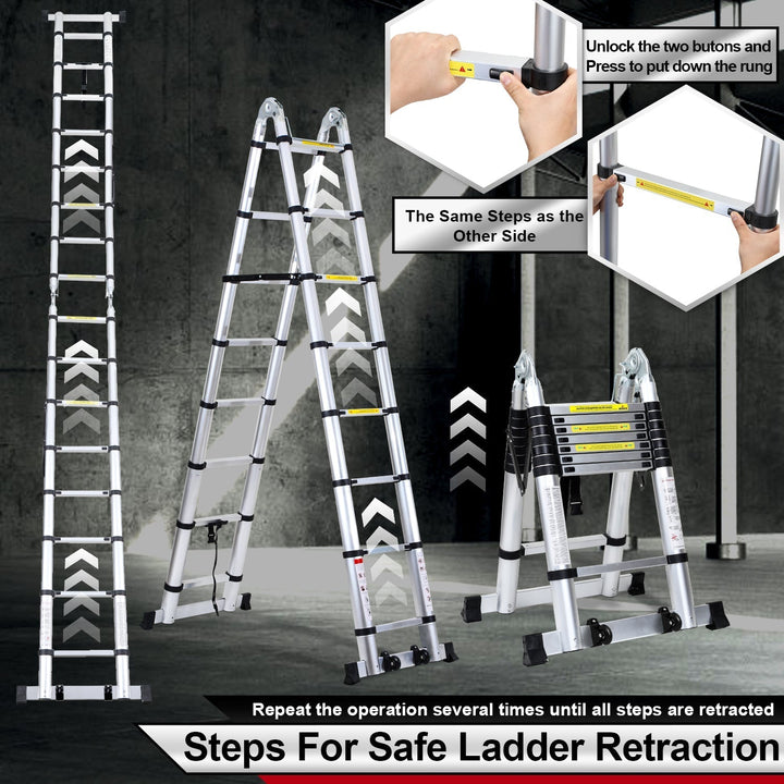 5M Aluminum Telescopic Ladder Folding Ladder with Wheels and Triangle Stabilizer | Kalsten