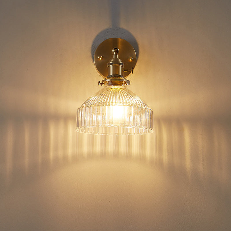 Industrial Wall Lamp Pressed Ribbed Glass Wall Light Sconce in Gold Finish for Bedroom | Kalsten