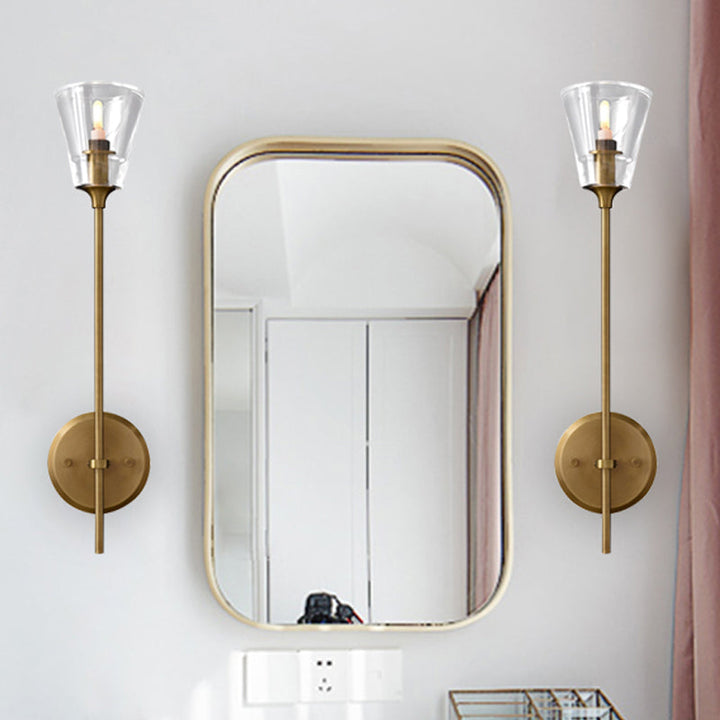 Black/Brass Finish Pencil Arm Wallchiere Vintage Metallic 1/2 Bulbs Wall Lamp with Clear Tapered Glass Shade | Kalsten