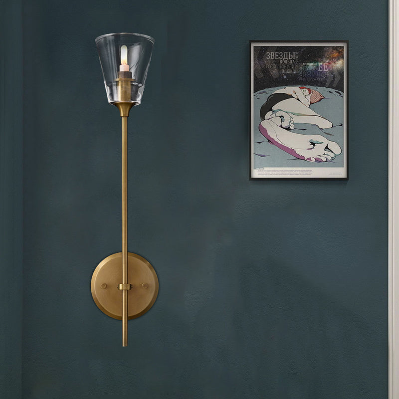 Black/Brass Finish Pencil Arm Wallchiere Vintage Metallic 1/2 Bulbs Wall Lamp with Clear Tapered Glass Shade | Kalsten