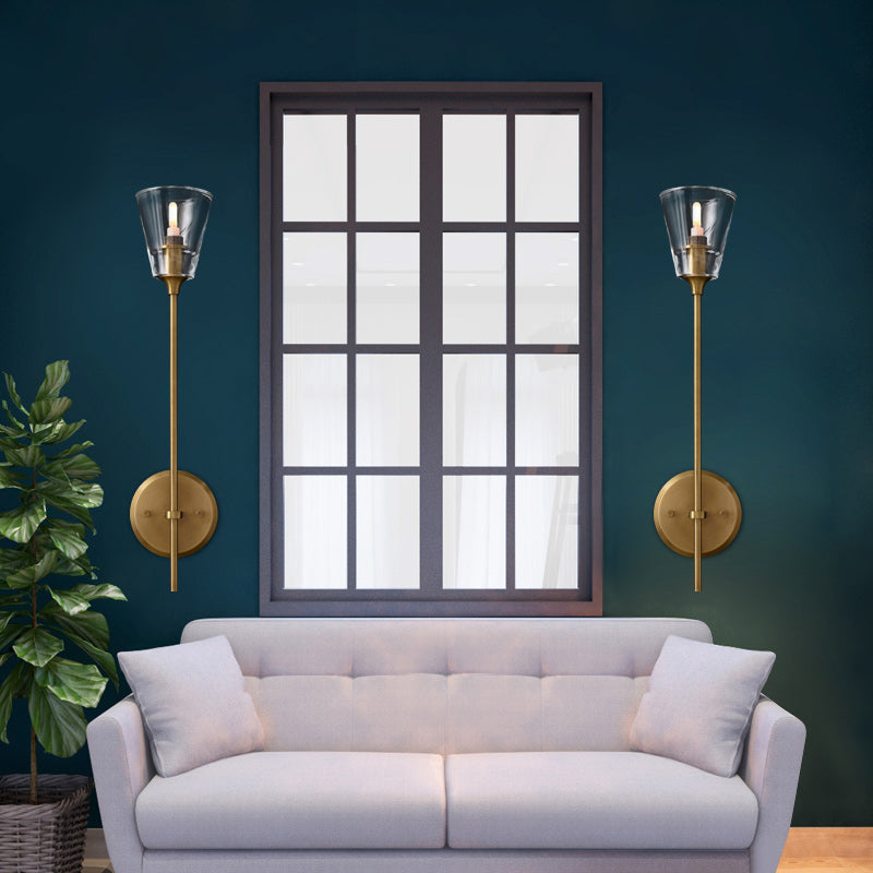 Black/Brass Finish Pencil Arm Wallchiere Vintage Metallic 1/2 Bulbs Wall Lamp with Clear Tapered Glass Shade | Kalsten