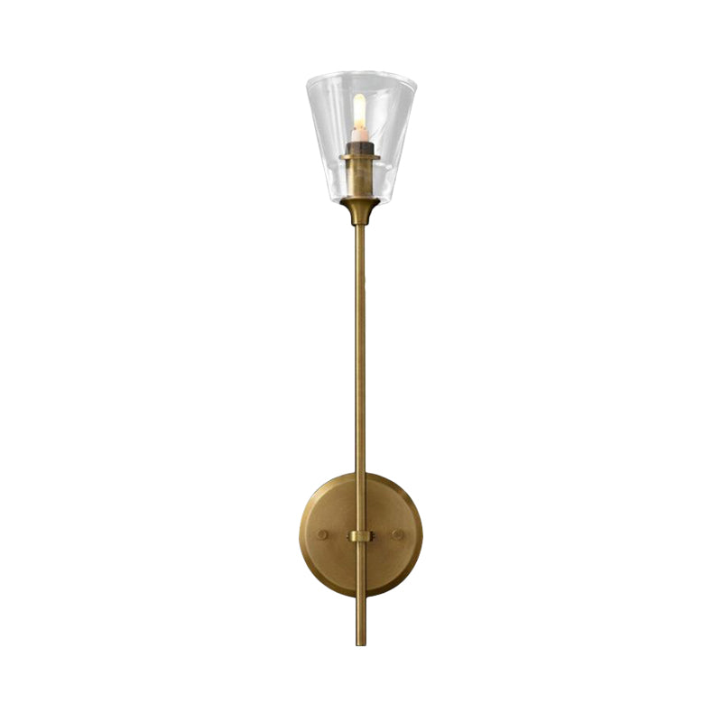 Black/Brass Finish Pencil Arm Wallchiere Vintage Metallic 1/2 Bulbs Wall Lamp with Clear Tapered Glass Shade | Kalsten
