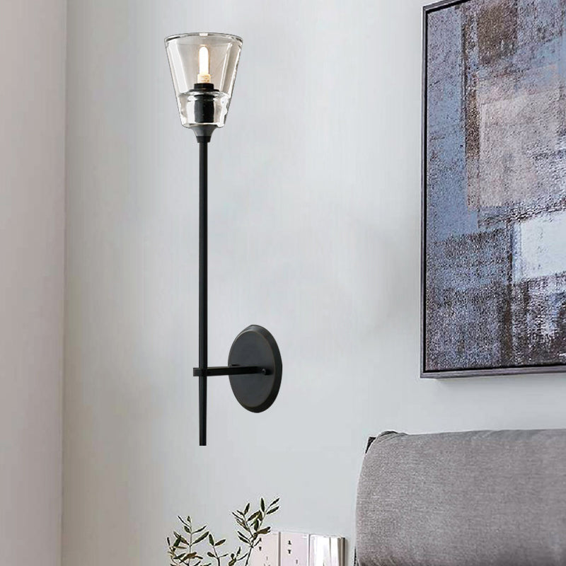 Black/Brass Finish Pencil Arm Wallchiere Vintage Metallic 1/2 Bulbs Wall Lamp with Clear Tapered Glass Shade | Kalsten