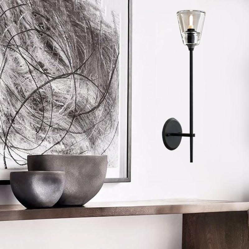 Black/Brass Finish Pencil Arm Wallchiere Vintage Metallic 1/2 Bulbs Wall Lamp with Clear Tapered Glass Shade | Kalsten