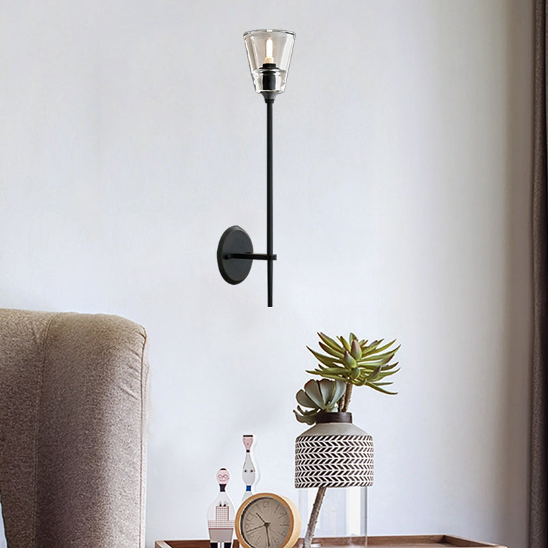 Black/Brass Finish Pencil Arm Wallchiere Vintage Metallic 1/2 Bulbs Wall Lamp with Clear Tapered Glass Shade | Kalsten