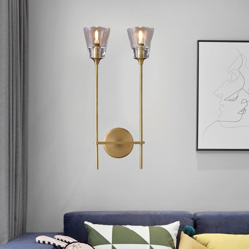 Black/Brass Finish Pencil Arm Wallchiere Vintage Metallic 1/2 Bulbs Wall Lamp with Clear Tapered Glass Shade | Kalsten