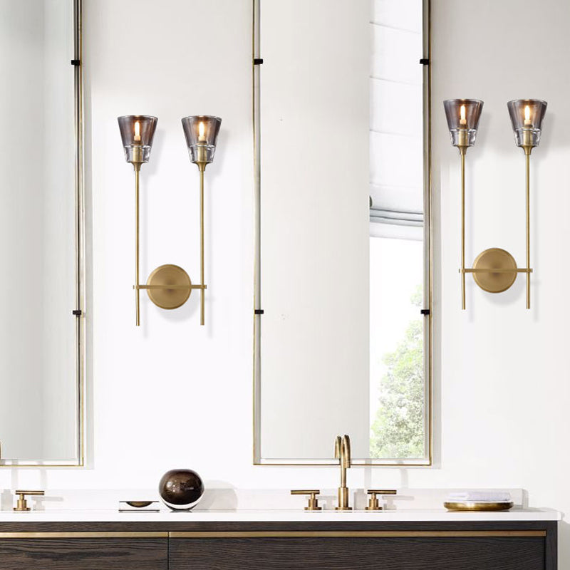 Black/Brass Finish Pencil Arm Wallchiere Vintage Metallic 1/2 Bulbs Wall Lamp with Clear Tapered Glass Shade | Kalsten