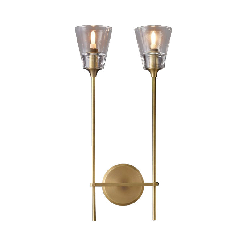 Black/Brass Finish Pencil Arm Wallchiere Vintage Metallic 1/2 Bulbs Wall Lamp with Clear Tapered Glass Shade | Kalsten