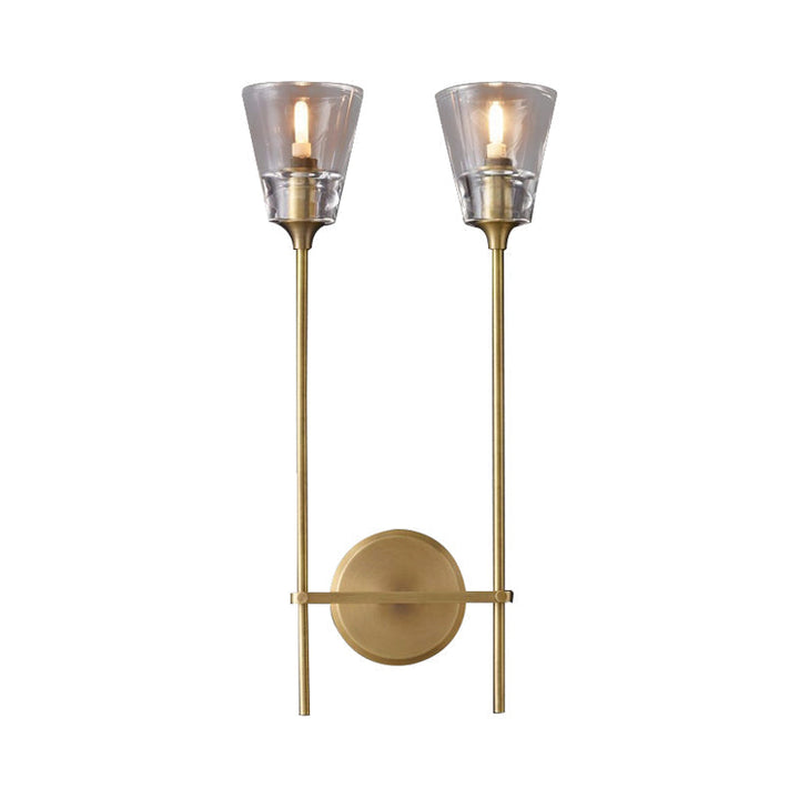 Black/Brass Finish Pencil Arm Wallchiere Vintage Metallic 1/2 Bulbs Wall Lamp with Clear Tapered Glass Shade | Kalsten
