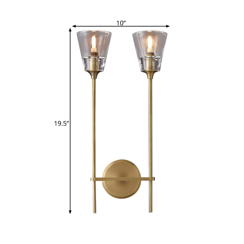 Black/Brass Finish Pencil Arm Wallchiere Vintage Metallic 1/2 Bulbs Wall Lamp with Clear Tapered Glass Shade | Kalsten
