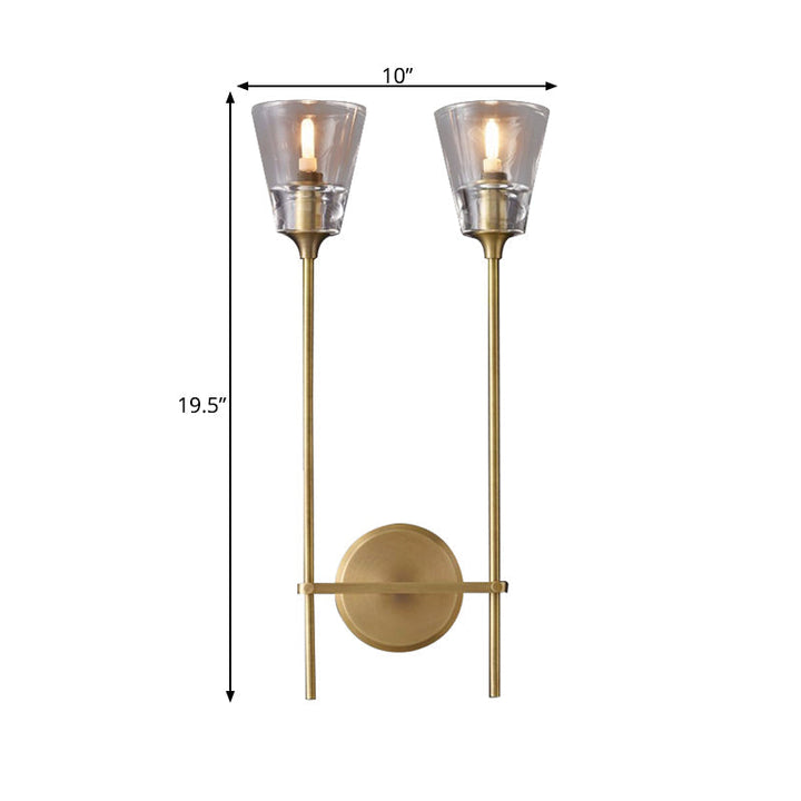 Black/Brass Finish Pencil Arm Wallchiere Vintage Metallic 1/2 Bulbs Wall Lamp with Clear Tapered Glass Shade | Kalsten