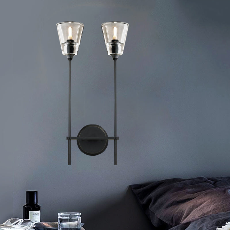 Black/Brass Finish Pencil Arm Wallchiere Vintage Metallic 1/2 Bulbs Wall Lamp with Clear Tapered Glass Shade | Kalsten
