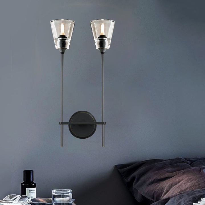 Black/Brass Finish Pencil Arm Wallchiere Vintage Metallic 1/2 Bulbs Wall Lamp with Clear Tapered Glass Shade | Kalsten