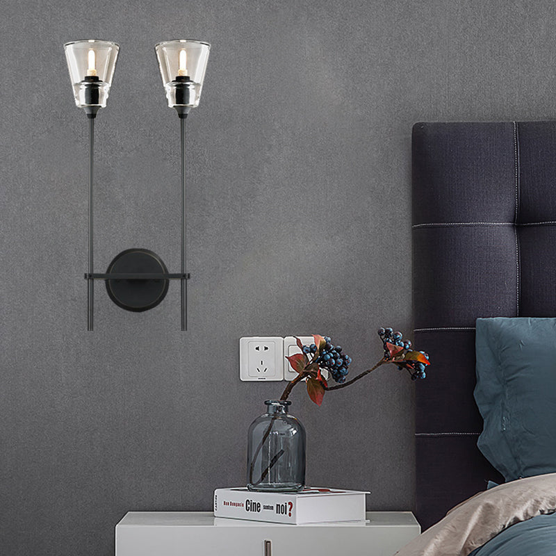 Black/Brass Finish Pencil Arm Wallchiere Vintage Metallic 1/2 Bulbs Wall Lamp with Clear Tapered Glass Shade | Kalsten