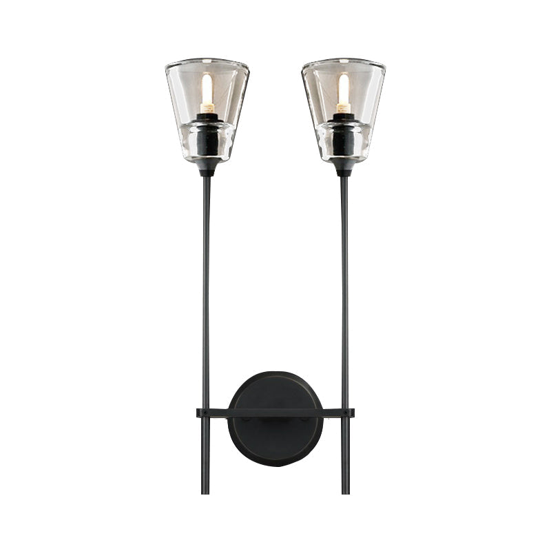 Black/Brass Finish Pencil Arm Wallchiere Vintage Metallic 1/2 Bulbs Wall Lamp with Clear Tapered Glass Shade | Kalsten