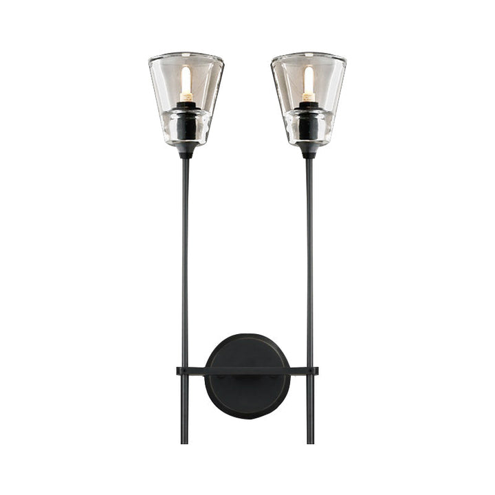 Black/Brass Finish Pencil Arm Wallchiere Vintage Metallic 1/2 Bulbs Wall Lamp with Clear Tapered Glass Shade | Kalsten