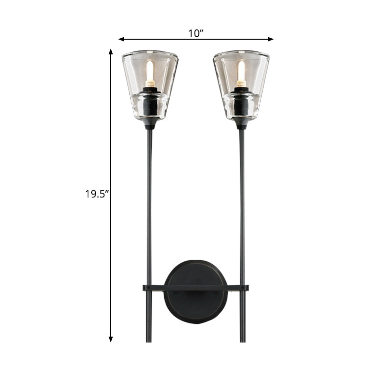 Black/Brass Finish Pencil Arm Wallchiere Vintage Metallic 1/2 Bulbs Wall Lamp with Clear Tapered Glass Shade | Kalsten