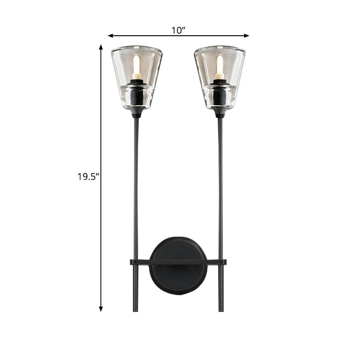 Black/Brass Finish Pencil Arm Wallchiere Vintage Metallic 1/2 Bulbs Wall Lamp with Clear Tapered Glass Shade | Kalsten