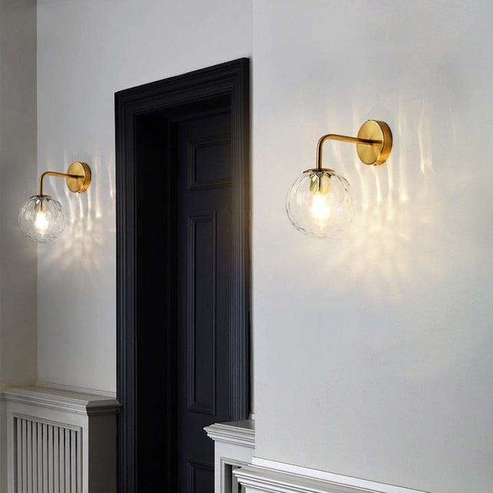 Rippled Glass Sphere Wall Lamp Minimalist 1 Light Gold Wall Sconce Lighting with Arm | Kalsten