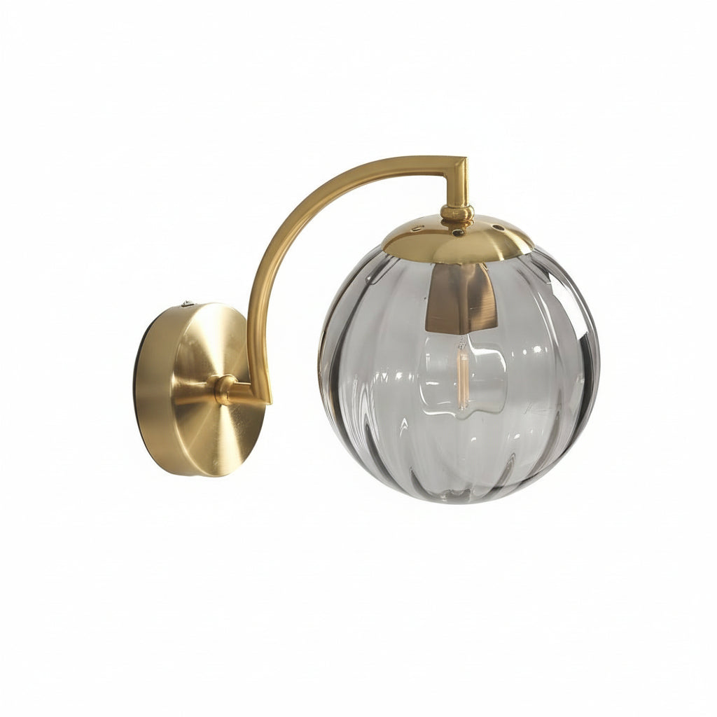 LED Wall Sconce Light – Modern Curved Arm Ribbed Glass Globe (26x15cm / 10.2x5.9in) | Kalsten