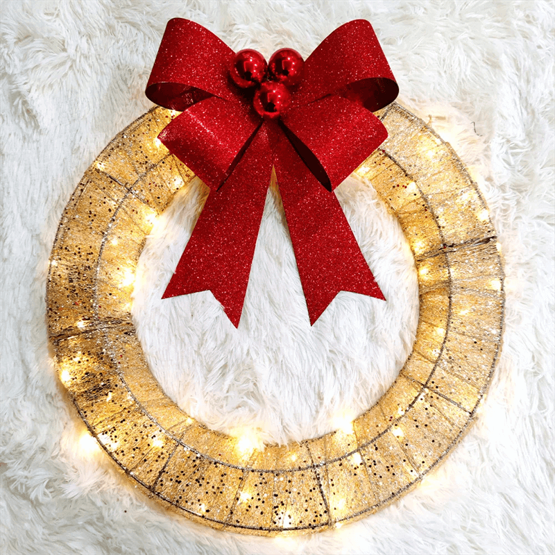 Christmas Garland 50CM Luminous LED Warm Light Metal Luminous Wreath With Big Bowknot Christmas Front Door Home Holiday Party Door Hanging Decor | Kalsten