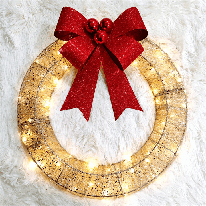 Christmas Garland 50CM Luminous LED Warm Light Metal Luminous Wreath With Big Bowknot Christmas Front Door Home Holiday Party Door Hanging Decor | Kalsten