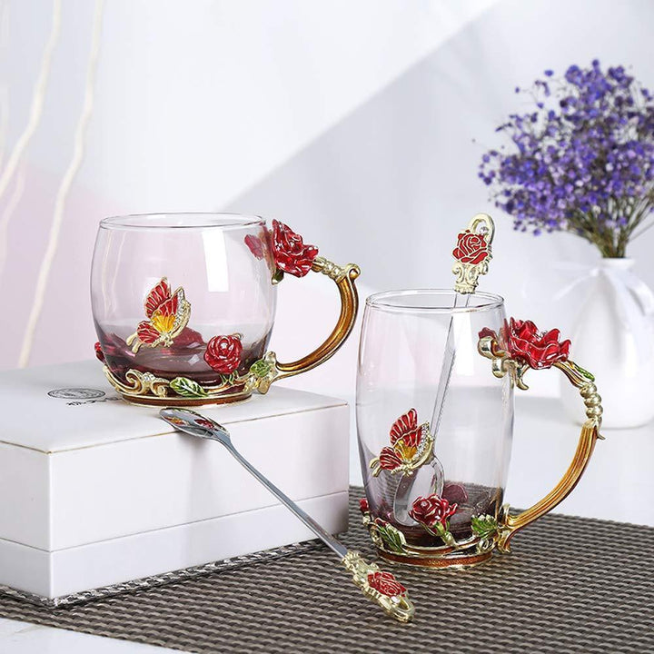 Kalsten | Enamel Rose Glass Tea Cup Set (With Spoon)