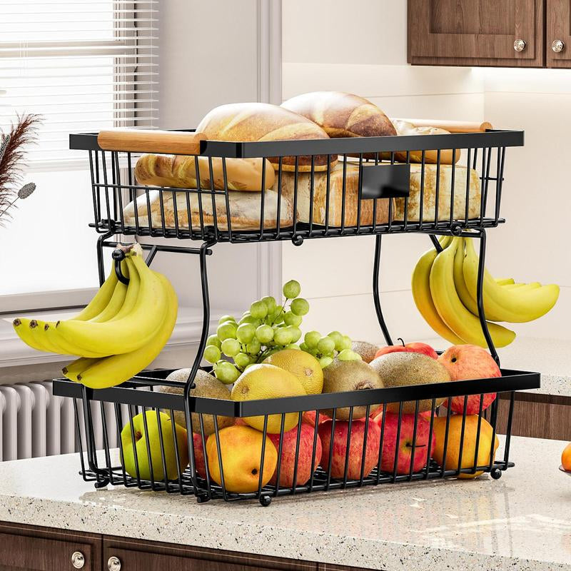 Kalsten | 2-Tier Metal Fruit & Vegetable Storage Rack with Hooks