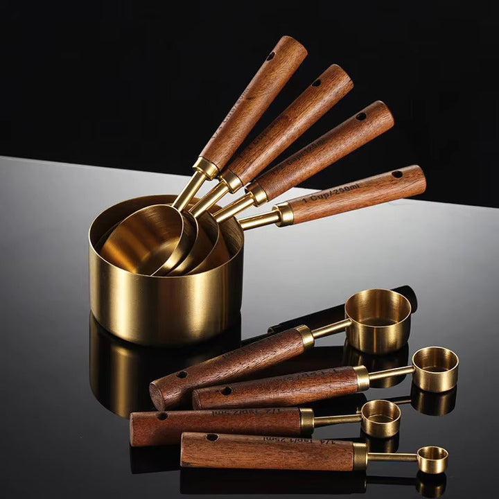 MeasureWood Measuring Spoons and Measuring Cups Set Stainless Steel Oak Wood 8-piece | Kalsten