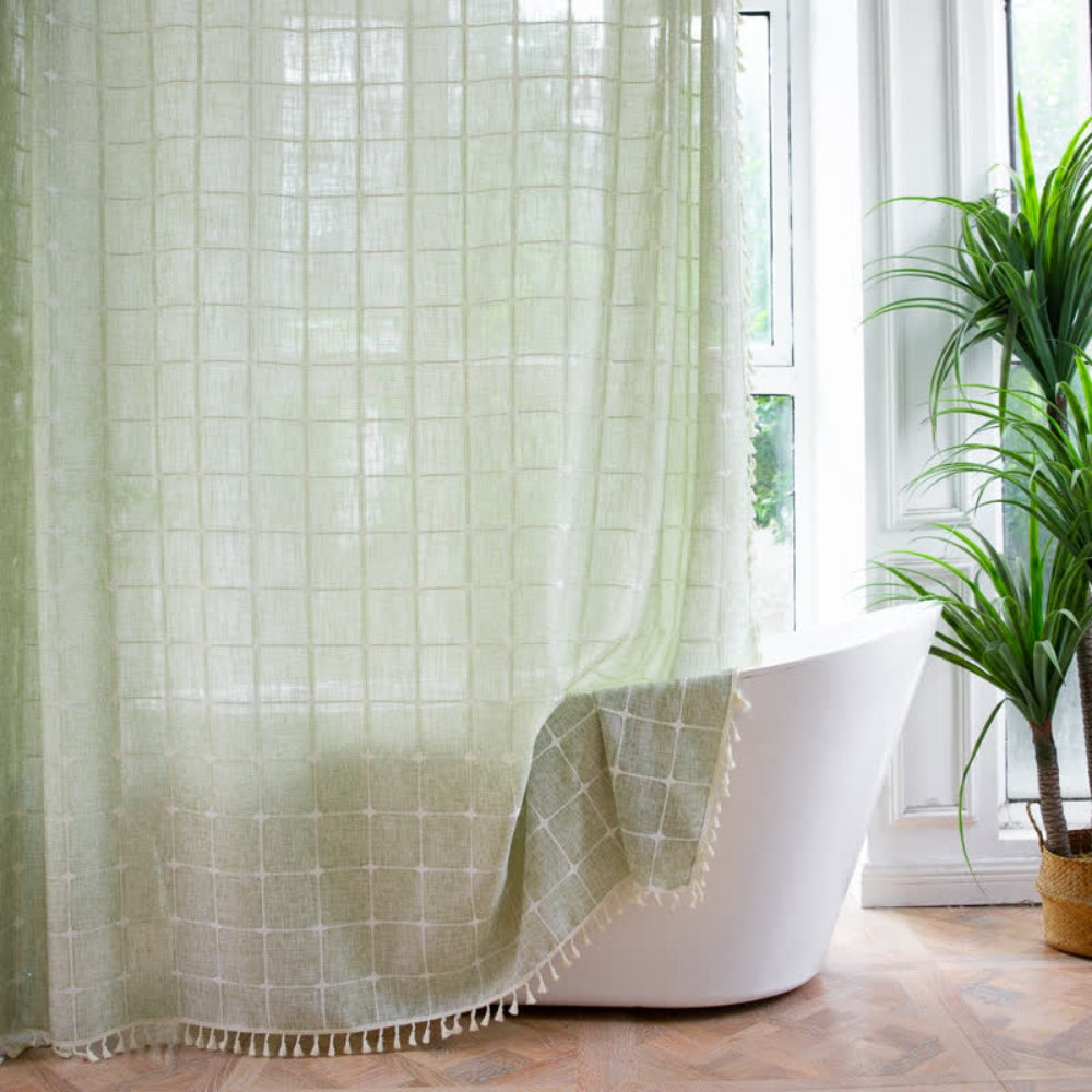 Kalsten | Cotton  Shower Curtain Check Print Fringes Waterproof Machine Washable Bathroom Decor