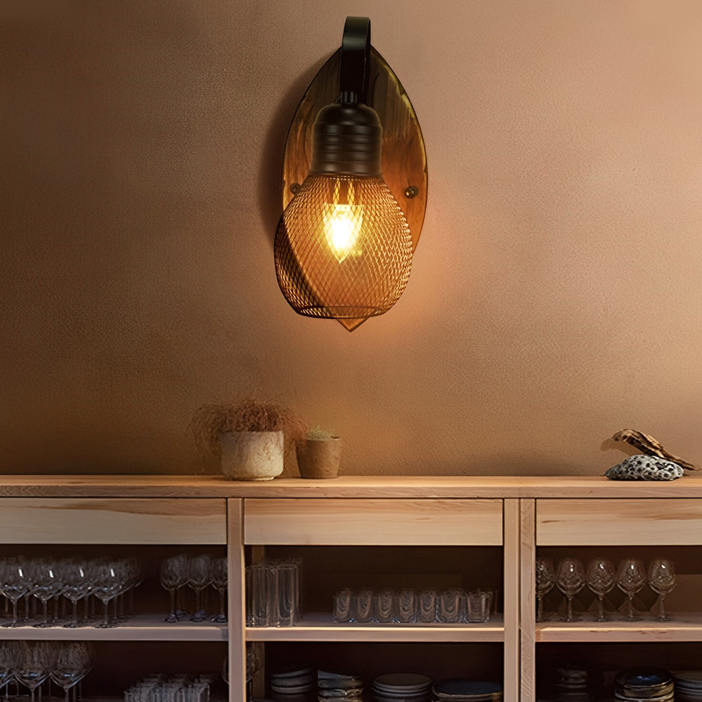 Rustic Antique Wood Iron Hollow Mesh Black E27 Industrial Style Wall Lamp | Kalsten