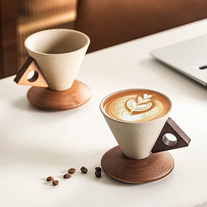 BaristaLuxe Ceramic Coffee Cup 250ml – Handmade with Wooden Handle and Coaster | Kalsten