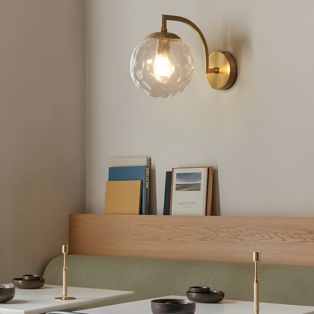 LED Wall Sconce Light – Modern Curved Arm Ribbed Glass Globe (26x15cm / 10.2x5.9in) | Kalsten