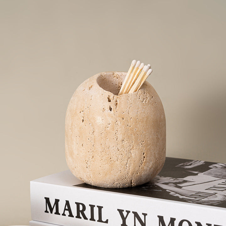 Kalsten | Beige Travertine Stone Match Holder and Toothpick Jar
