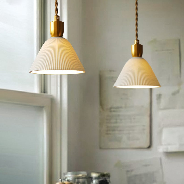 Retro Pleated Ceramic Brass Cocoon Pendant Lamp | Kalsten