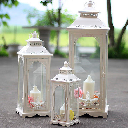 Nesting Coastal Ornate Metal and Glass Candle Lanterns for Tabletop Decor Acalora