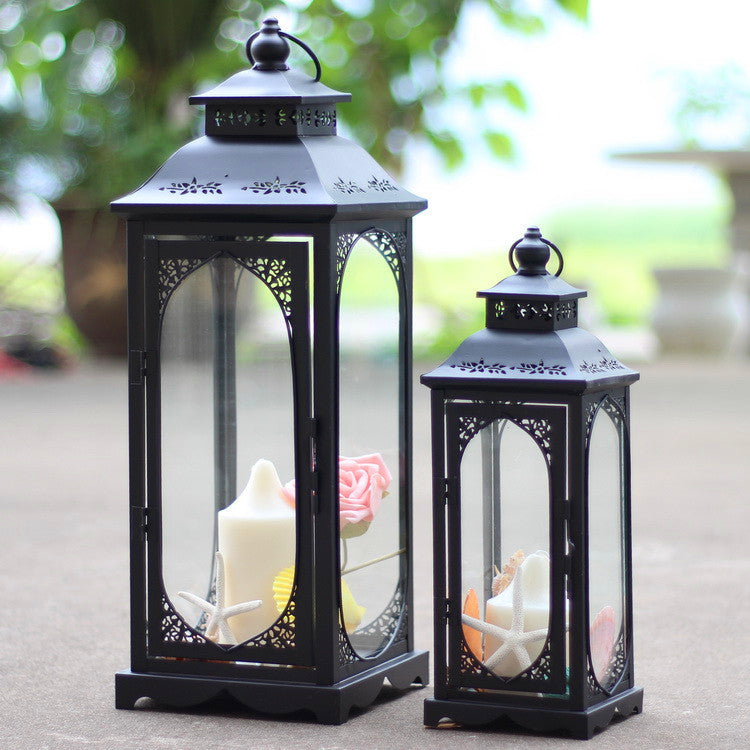 Decorative Metal Glass Lantern Set with Arched Paneled Windows and Filigree Top Acalora